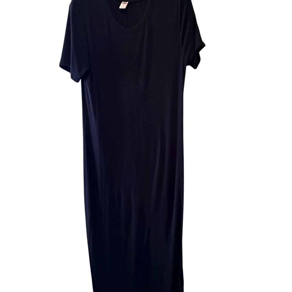 Old Navy Dress Black Maxi Body Con Ribbed Slenderizing Sleek Short Sleeve